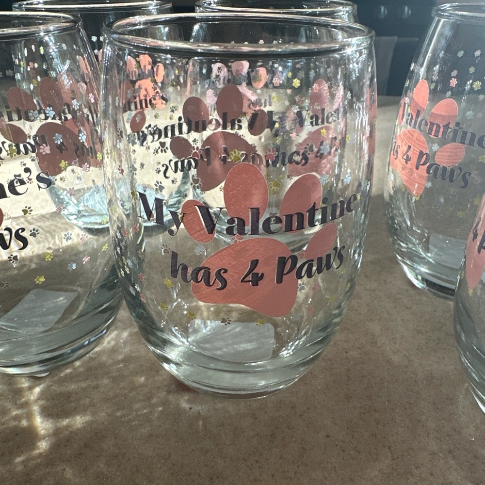 “My valentine has four paws” stemless wine glasses for all animal lovers